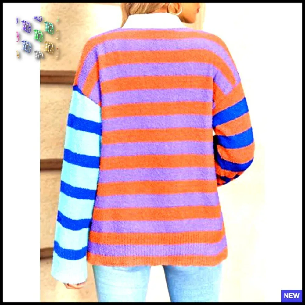 Striped V Neck Cardigan Oversized Fuzzy Knit Drop Shoulder Loose Fit